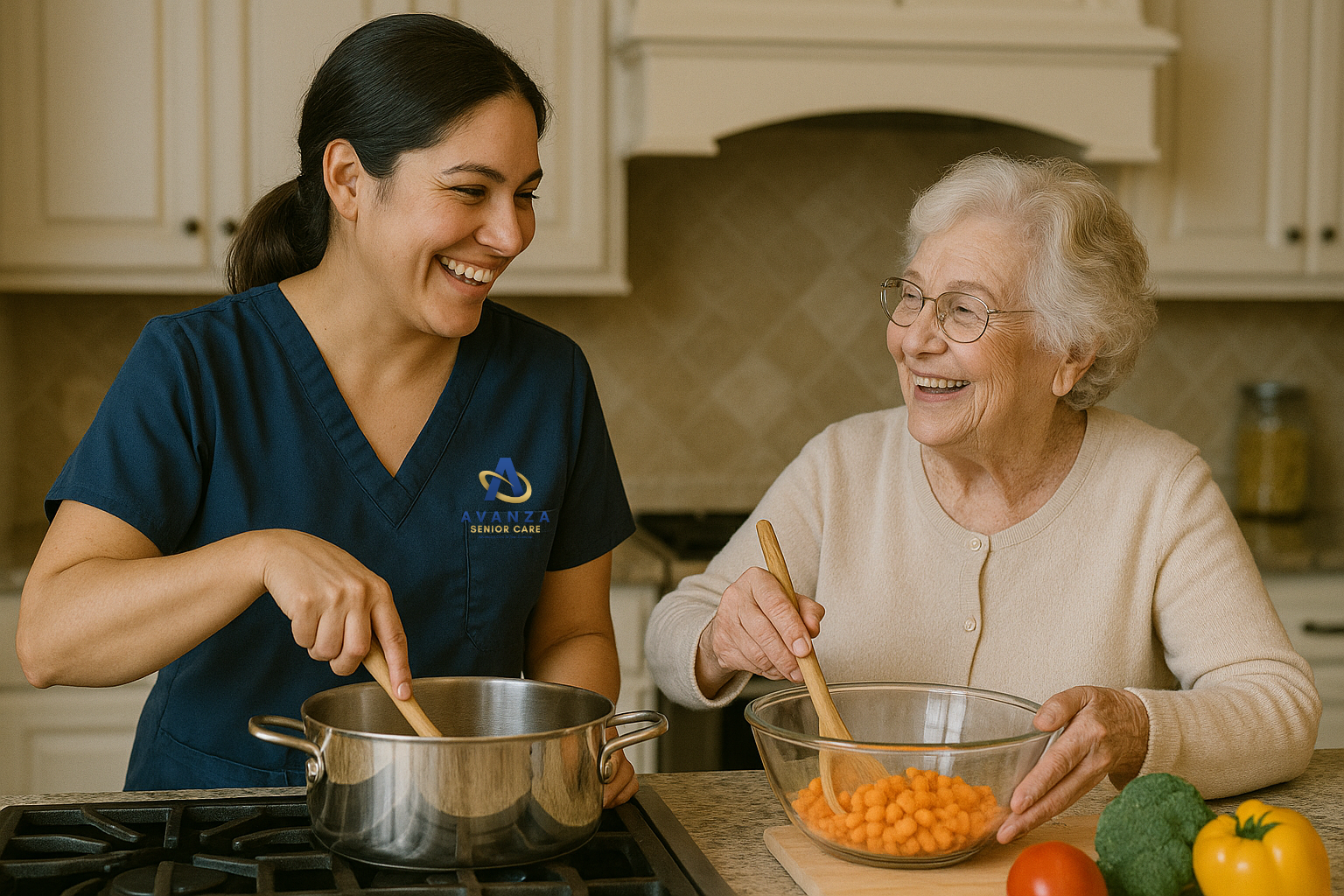 Avanza Senior Care caregiver and elderly woman cooking together in a warm kitchen
